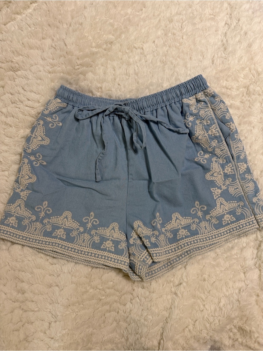 New In brand Blue Embroidered Boho Drawstring Shorts | Size S/M | Pockets
